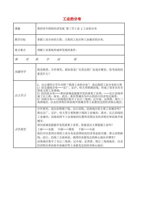 2017-2018学年八年级地理上册 第四章 第三节 工业(工业的分布)教案 (新版)新人教版