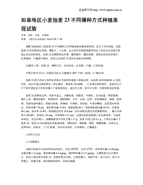 如皋地区小麦扬麦23不同播种方式种植表现试验