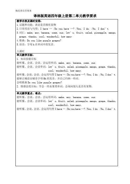 译林版英语四年级上册Unit2教案