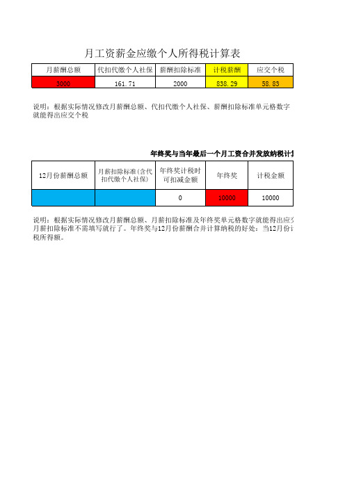 个人薪酬所得税计算表