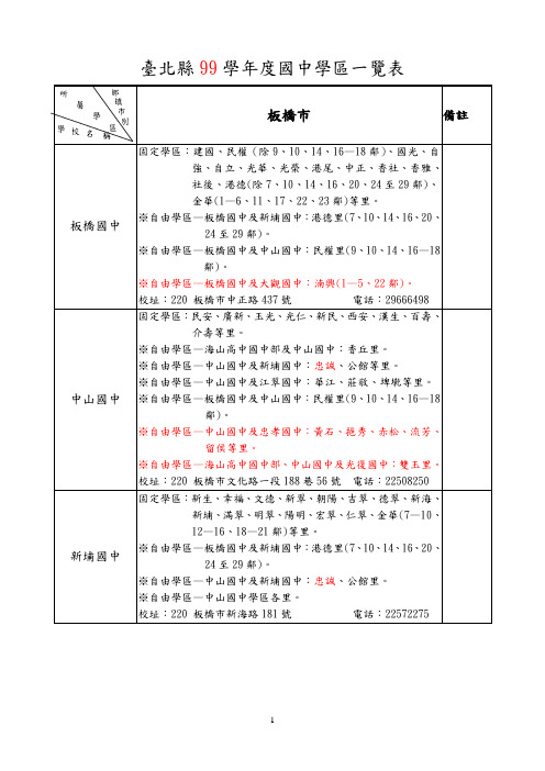台北县99学年度国中学区一览表