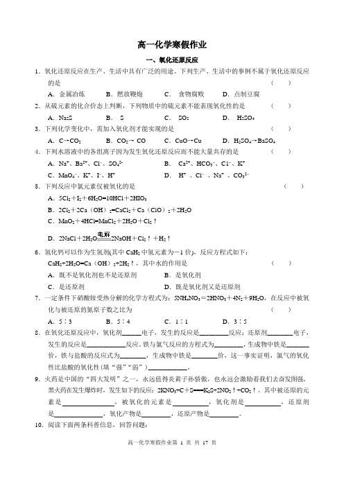 高一化学必修一寒假作业