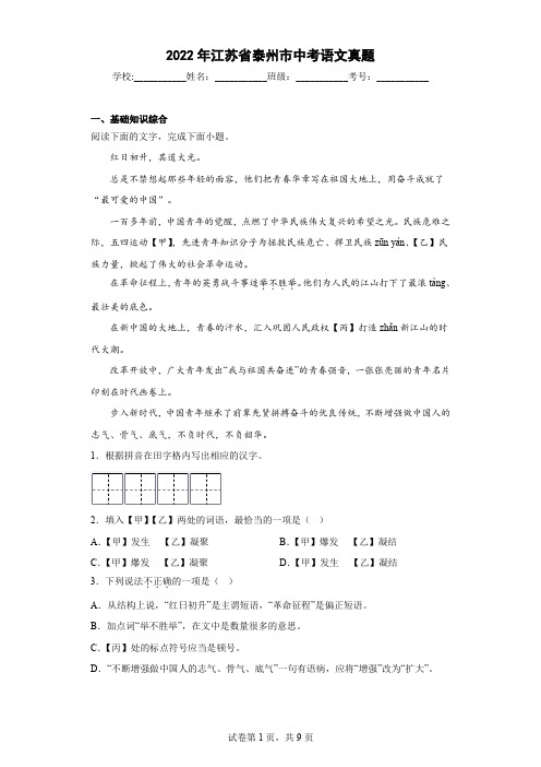 2022年江苏省泰州市中考语文真题附答案