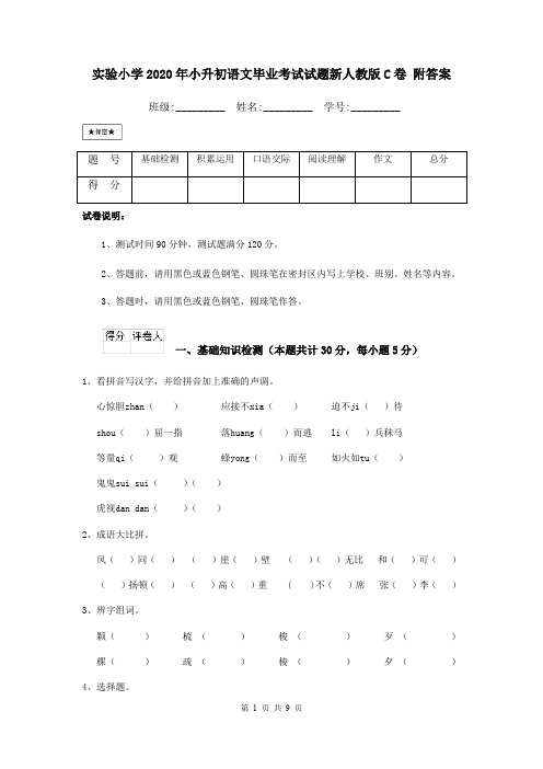 实验小学2020年小升初语文毕业考试试题新人教版C卷 附答案