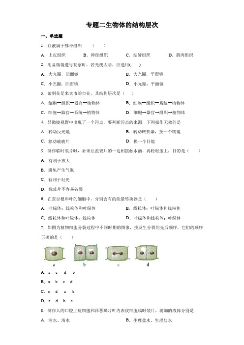 2020年中考生物考点突破卷二 生物体的结构层次附答案解析