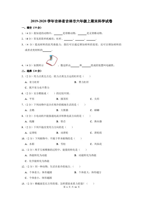 2019-2020学年吉林省吉林市六年级上期末科学试卷及答案解析