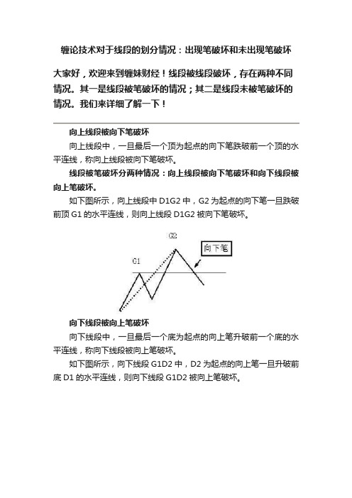 缠论技术对于线段的划分情况：出现笔破坏和未出现笔破坏