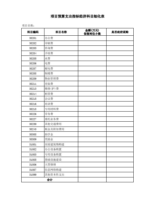 项目预算支出指标经济科目细化表