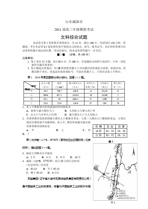 2011威海高三模拟考试文综试题及答案