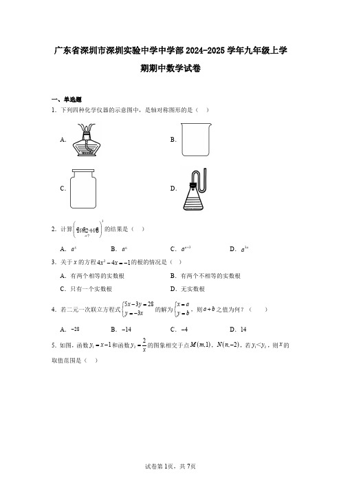 广东省深圳市深圳实验中学中学部2024-2025学年九年级上学期期中数学试卷