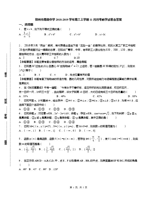 郑州市高级中学2018-2019学年高三上学期11月月考数学试卷含答案