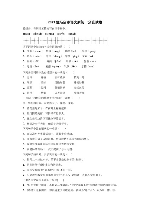 2023驻马店市语文新初一分班试卷