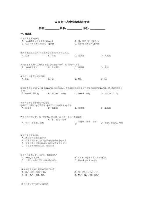 云南高一高中化学期末考试带答案解析
