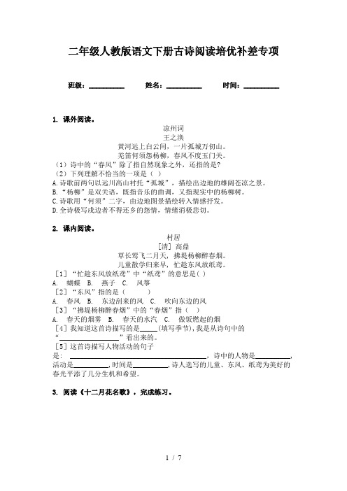 二年级人教版语文下册古诗阅读培优补差专项