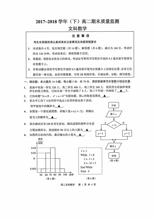 江苏省南通市通州区2017-2018学年高二下学期期末学业质量监测数学(文)试卷 PDF版含答案