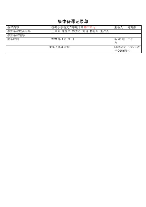 习作单元 集体备课(主备人)备课记录单2021.4.21