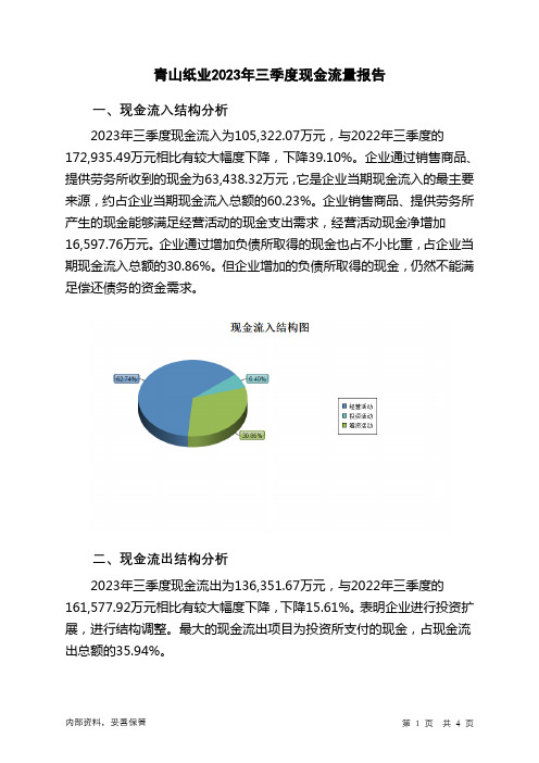 600103青山纸业2023年三季度现金流量报告