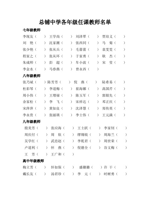 2014-2015总铺中学各年级任课教师名单