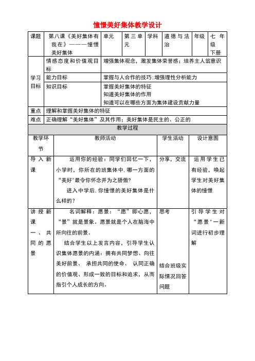 七年级道德与法治下册第三单元在集体中成长第八课美好集体有我在第1框憧憬美好的集体教案新人教版