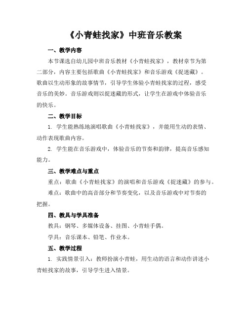 《小青蛙找家》中班音乐教案