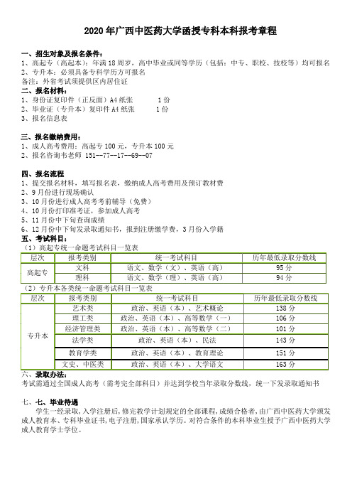 2020年广西中医药大学函授专科本科报考章程