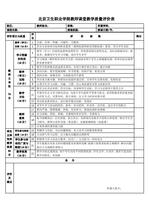 教师课堂教学质量评价表