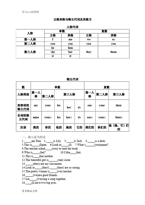 英语主格宾格-形容词性物主代词及名词性物主代词练习题汇编