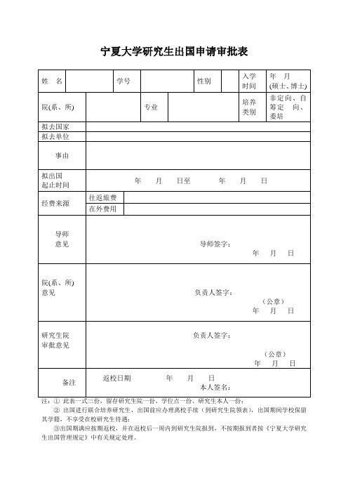 宁夏大学研究生出国申请审批表