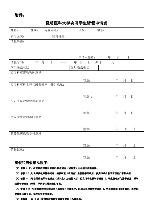 昆明医科大学实习学生请假申请表