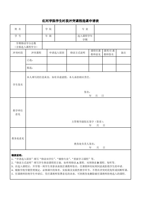 红河学院特殊问题(冲突选课)申请表