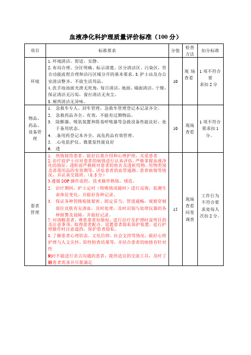 血液净化科护理质量评价标准(100分)