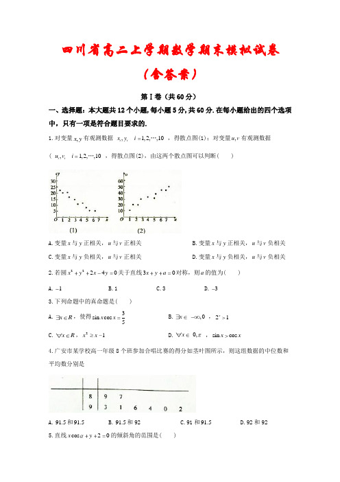 四川省2020-2021学年高二数学上学期期末模拟考试试题2套(含答案)