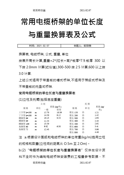 常用电缆桥架的单位长度与重量换算表之欧阳物创编