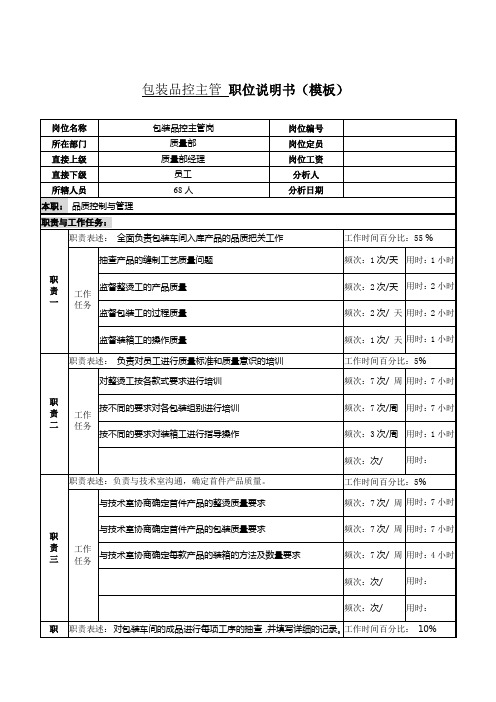 某服装生产企业品控部包装品控主管职位说明书