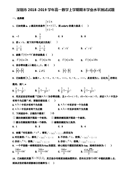 深圳市2018-2019学年高一数学上学期期末学业水平测试试题