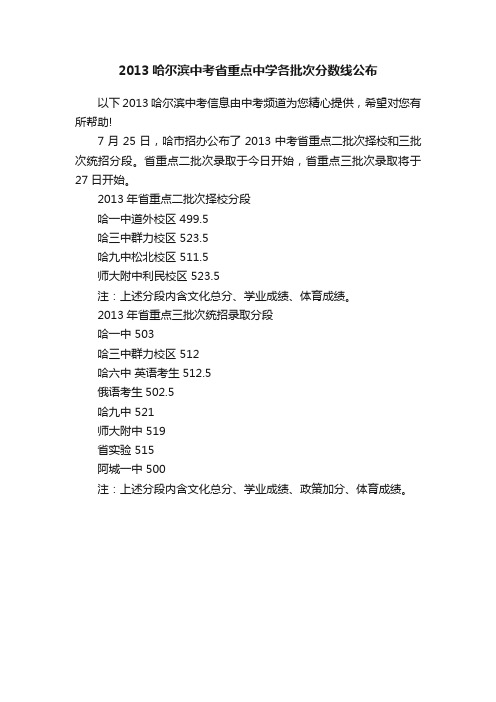 2013哈尔滨中考省重点中学各批次分数线公布