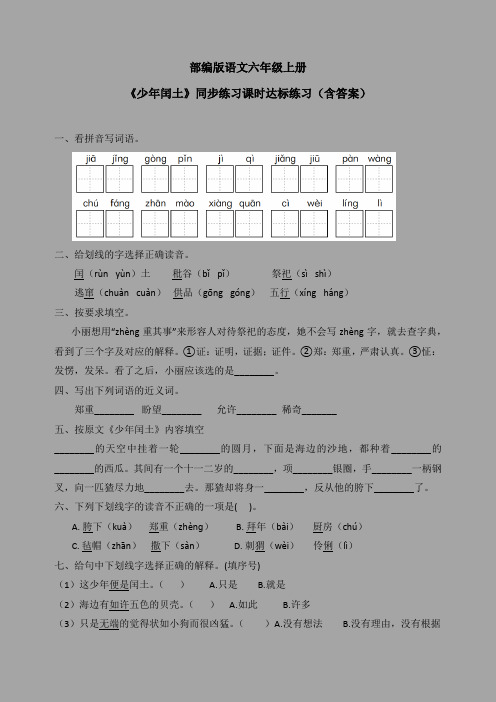 最新部编版语文六年级上册《少年闰土》同步练习课时达标练习(含答案)