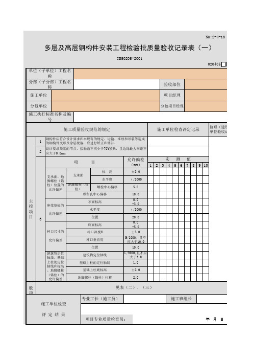 多层及高层钢构件安装工程检验批质量验收记录表(一)