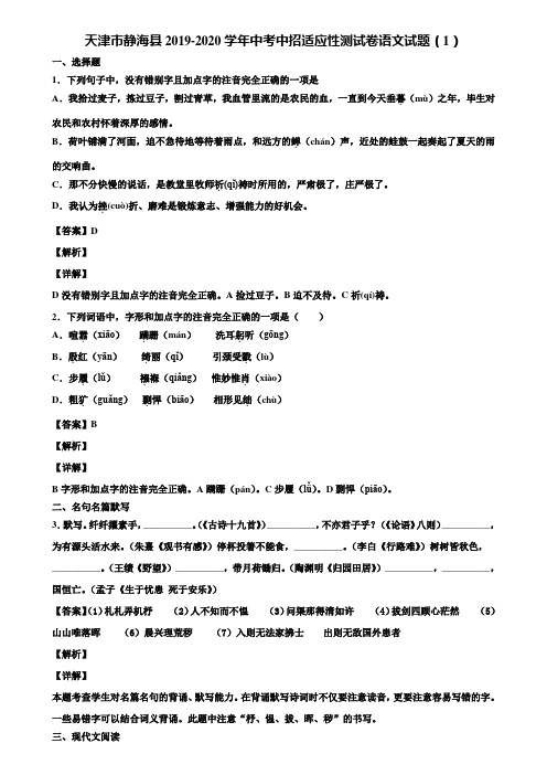 天津市静海县2019-2020学年中考中招适应性测试卷语文试题(1)含解析