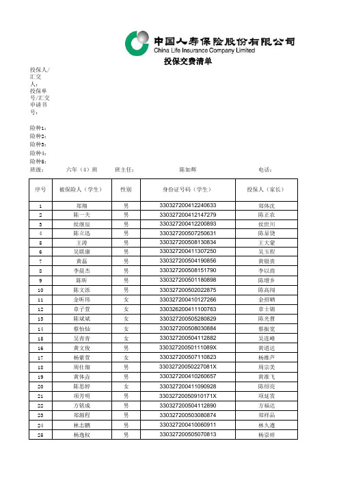 六年(4)班中国人寿学生保险投保清单