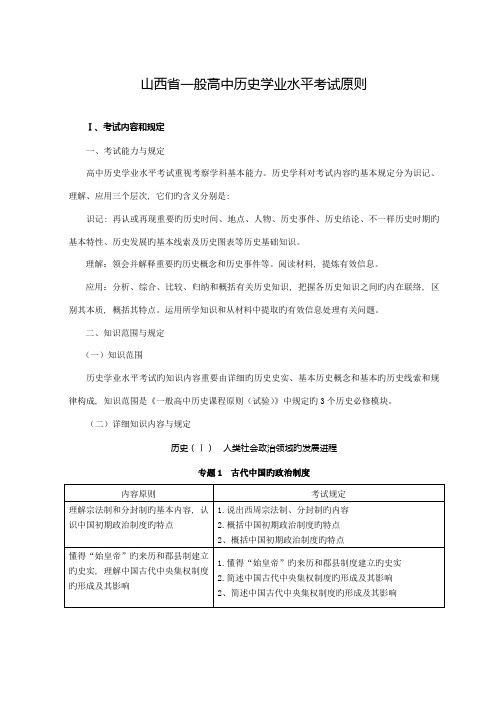 2023年山西省普通高中历史学业水平考试标准