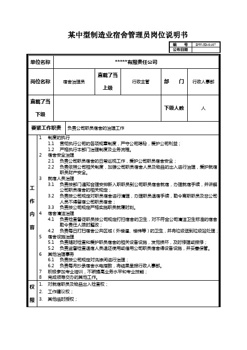 某中型制造业宿舍管理员岗位说明书