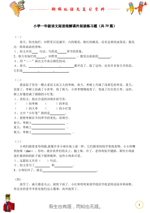 部编人教版小学一年级语文阅读理解课外阅读练习题(共30篇)