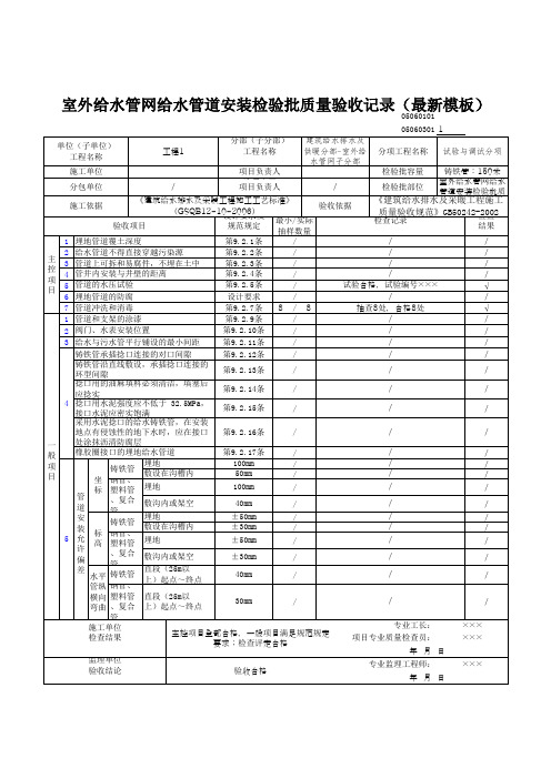 室外给水管网给水管道安装检验批质量验收记录(最新模板)