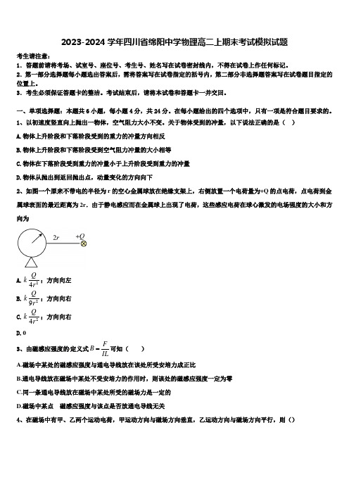 2023-2024学年四川省绵阳中学物理高二上期末考试模拟试题含解析