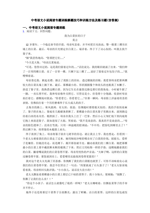 中考语文小说阅读专题训练解题技巧和训练方法及练习题(含答案)