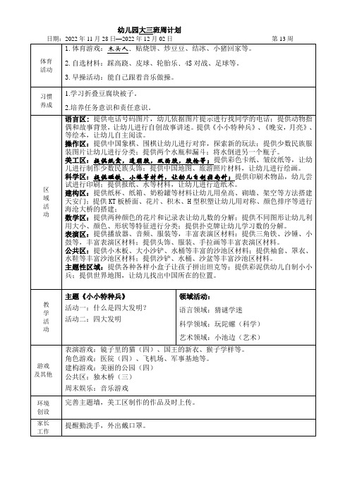 幼儿园大班班级第13周周计划