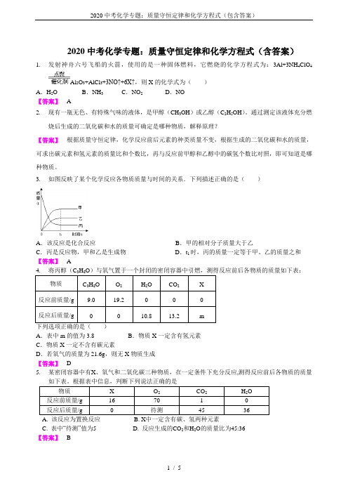 2020中考化学专题:质量守恒定律和化学方程式(包含答案)