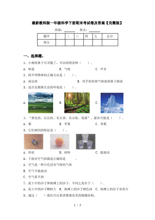 最新教科版一年级科学下册期末考试卷及答案【完整版】