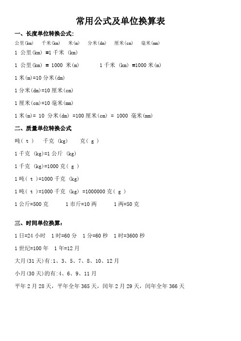 常用公式大全及单位换算表1